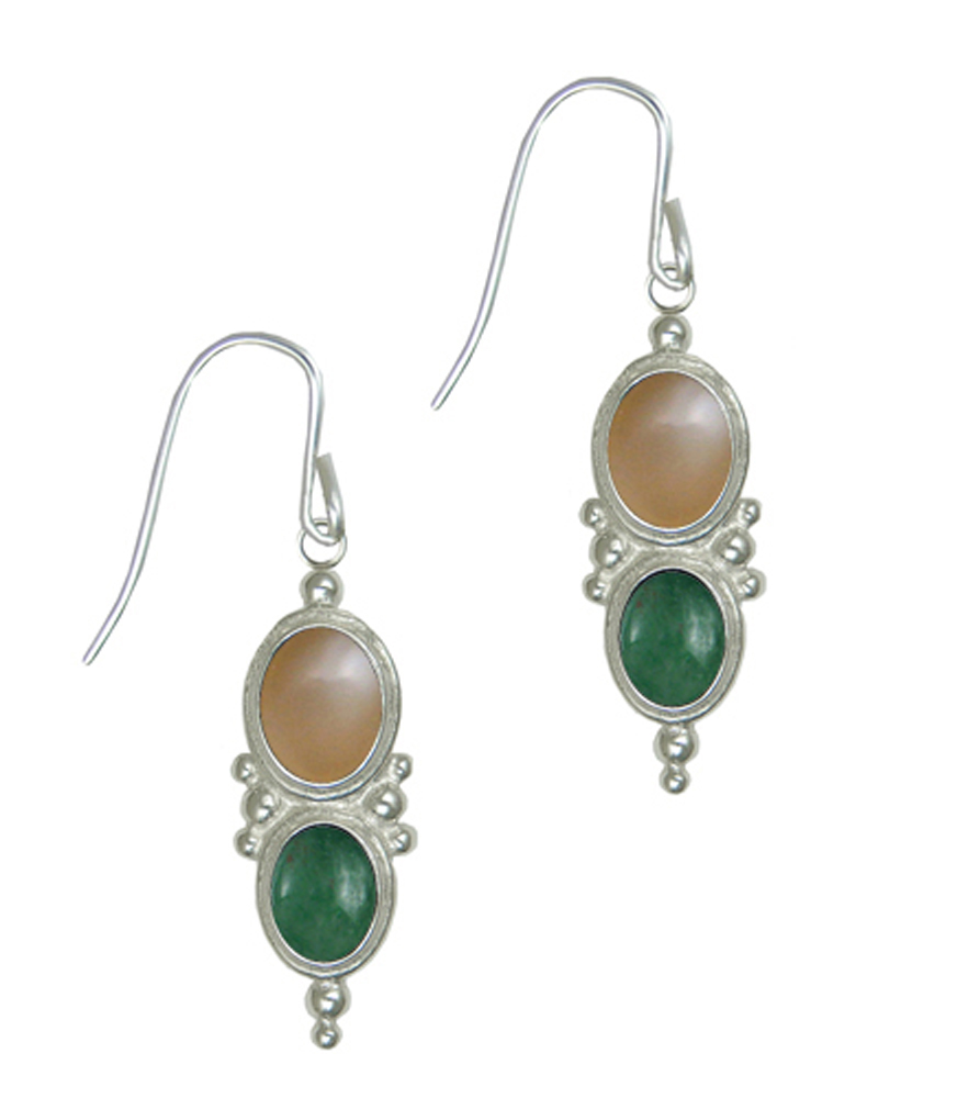 Sterling Silver Drop Dangle Earrings With Peach Moonstone And Jade